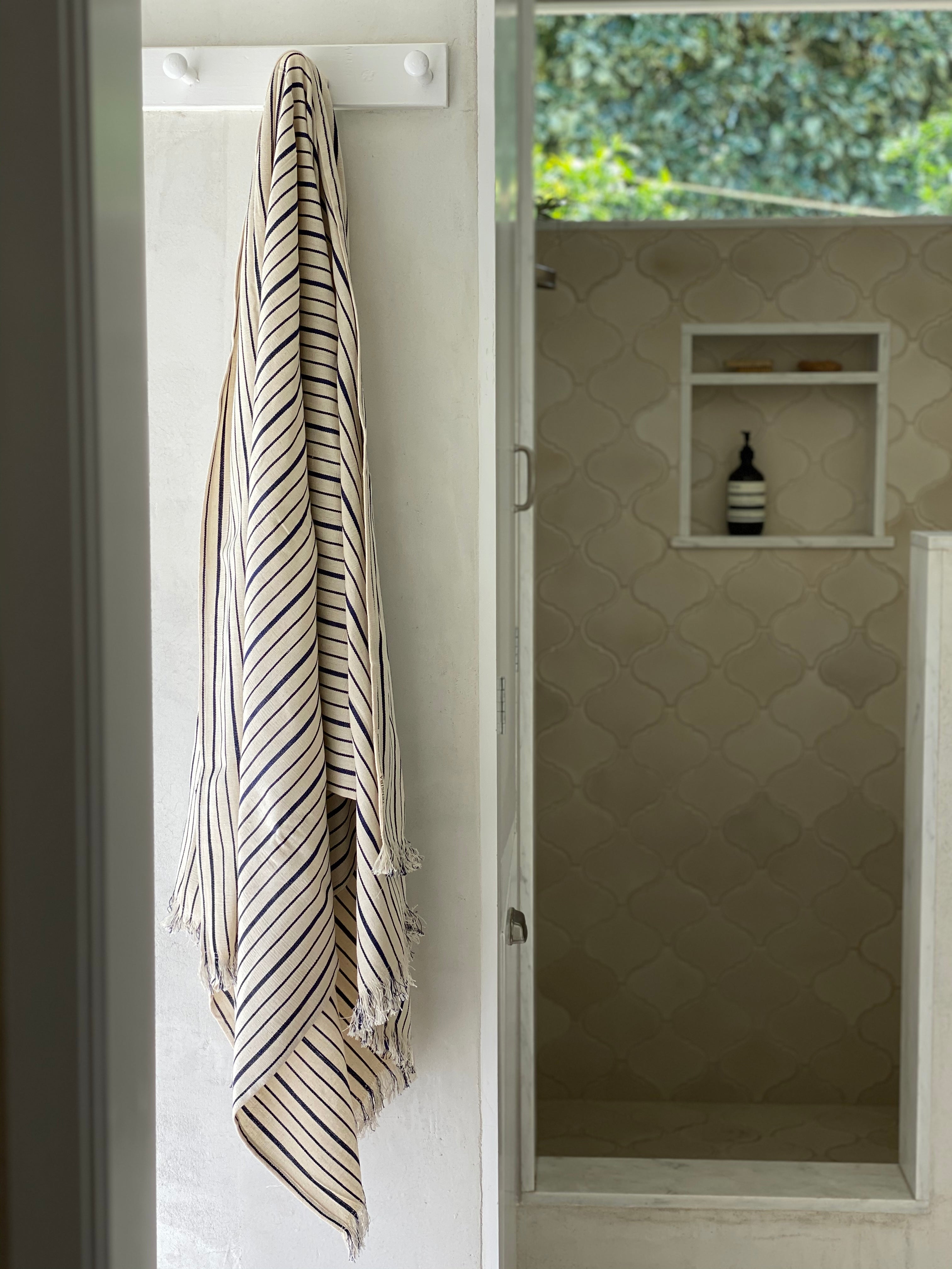 Fringed Throw With Pouch | Natural/Navy Triple Stripe, 40x71