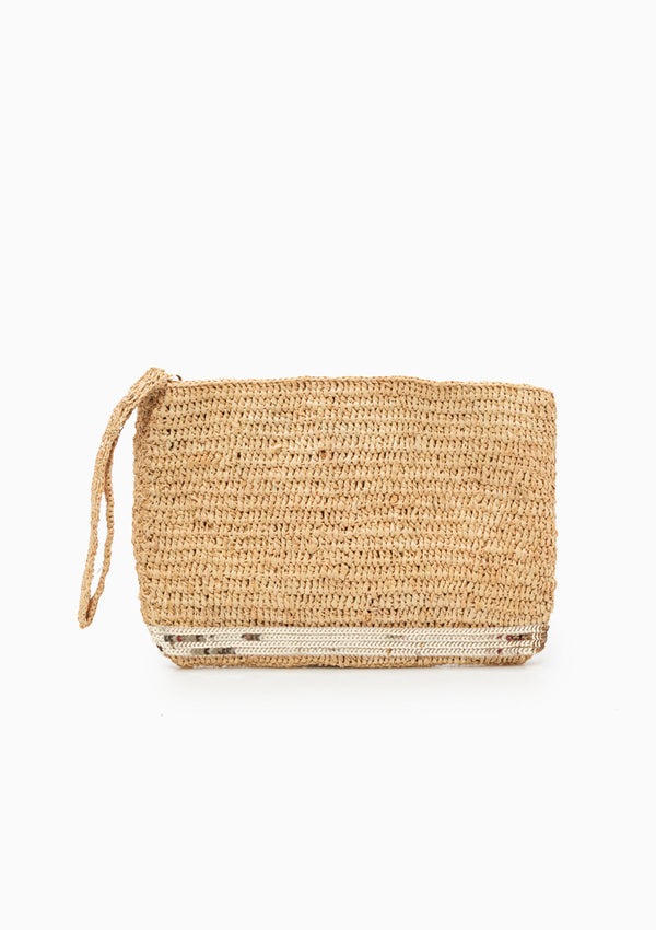 Raffia & Sequin Zipped Clutch | Or